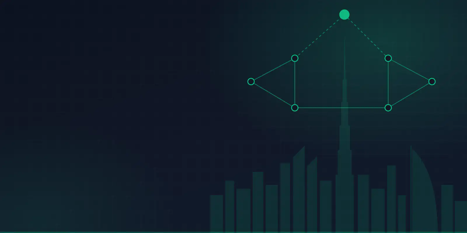 Dubai skyline beneath a network of connected e-invoicing corners