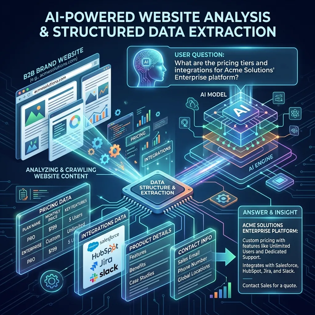 Diagram of an AI model crawling a website and extracting structured data to answer a buyer question