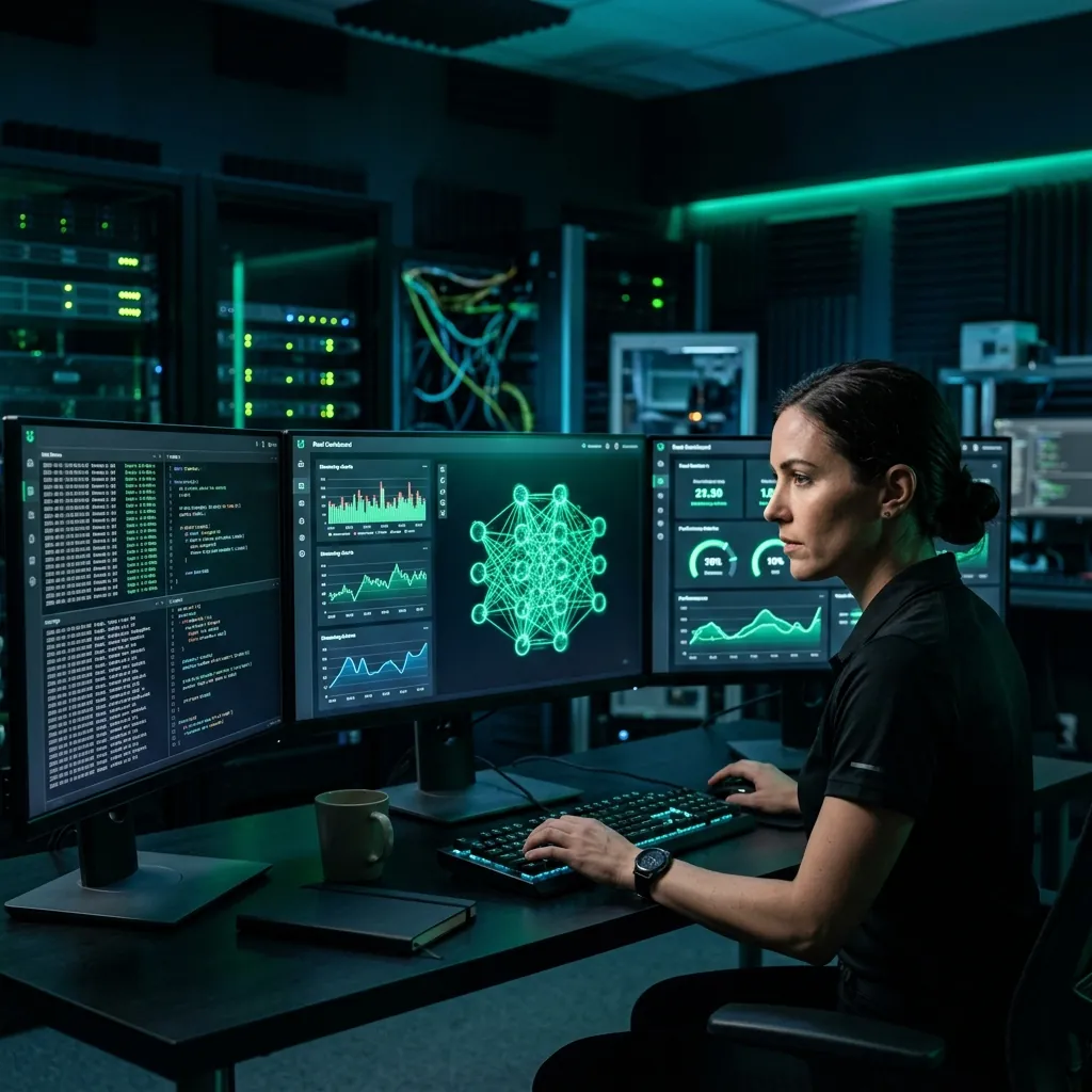 Data scientist analysing AI models and predictive analytics dashboards