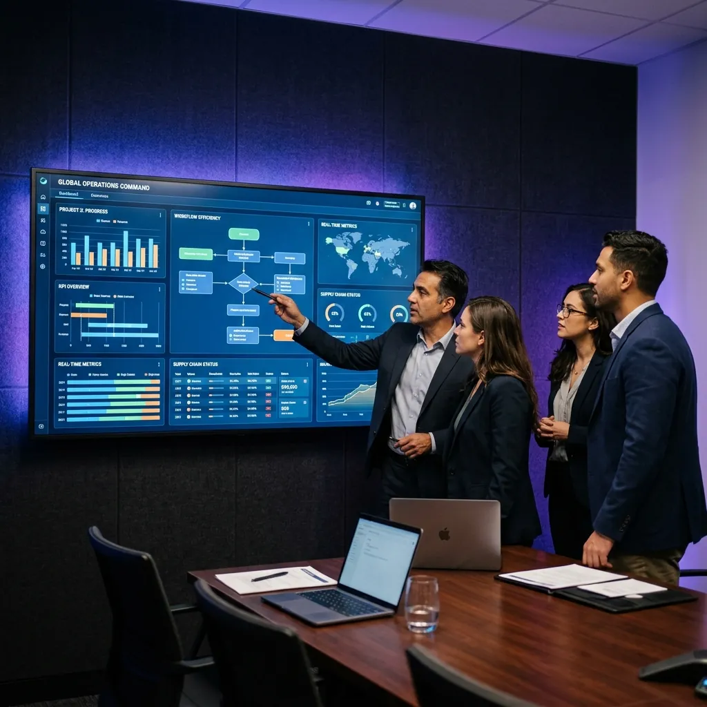 Business team reviewing a custom operations dashboard on a large display