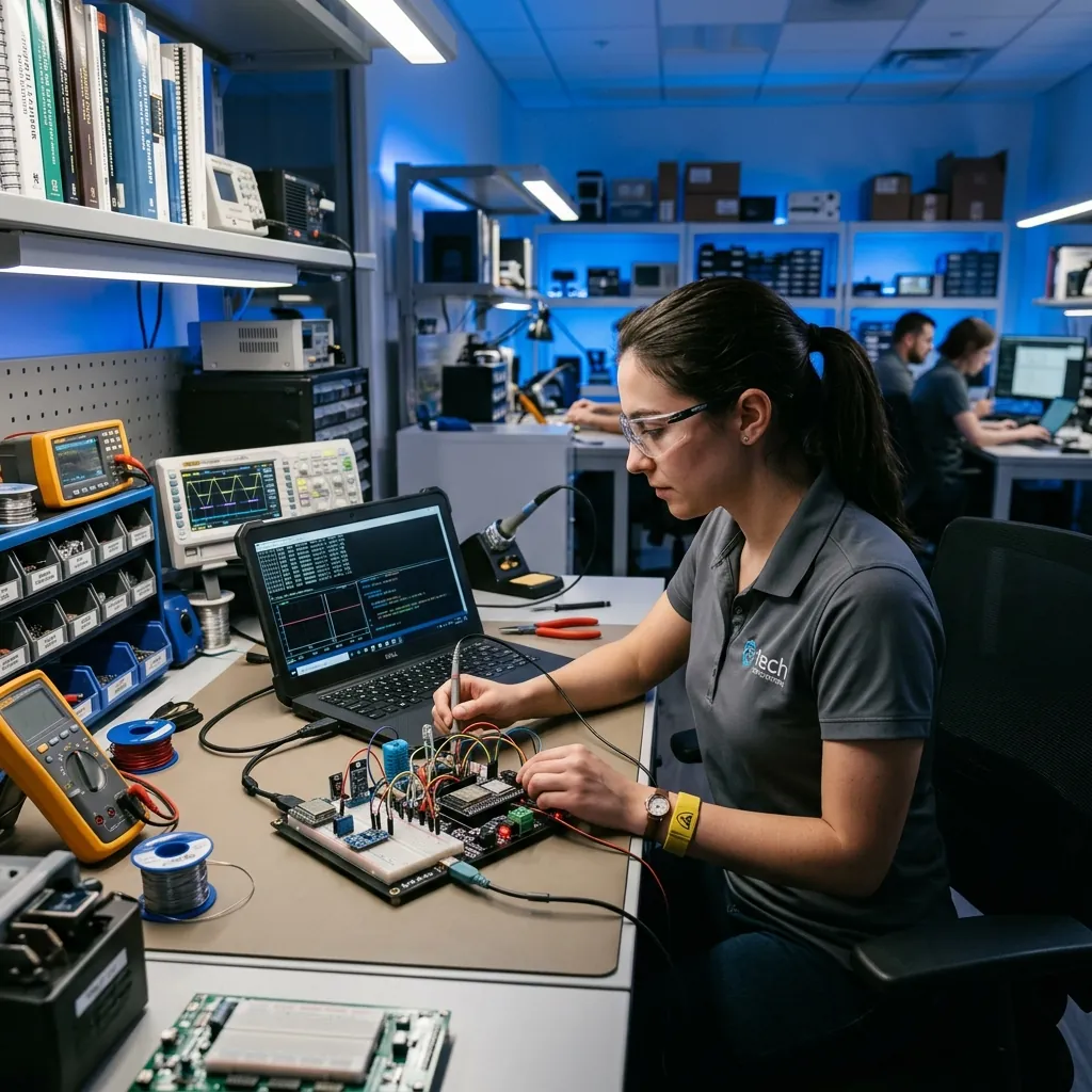 Engineer testing firmware on an IoT prototype in an electronics lab
