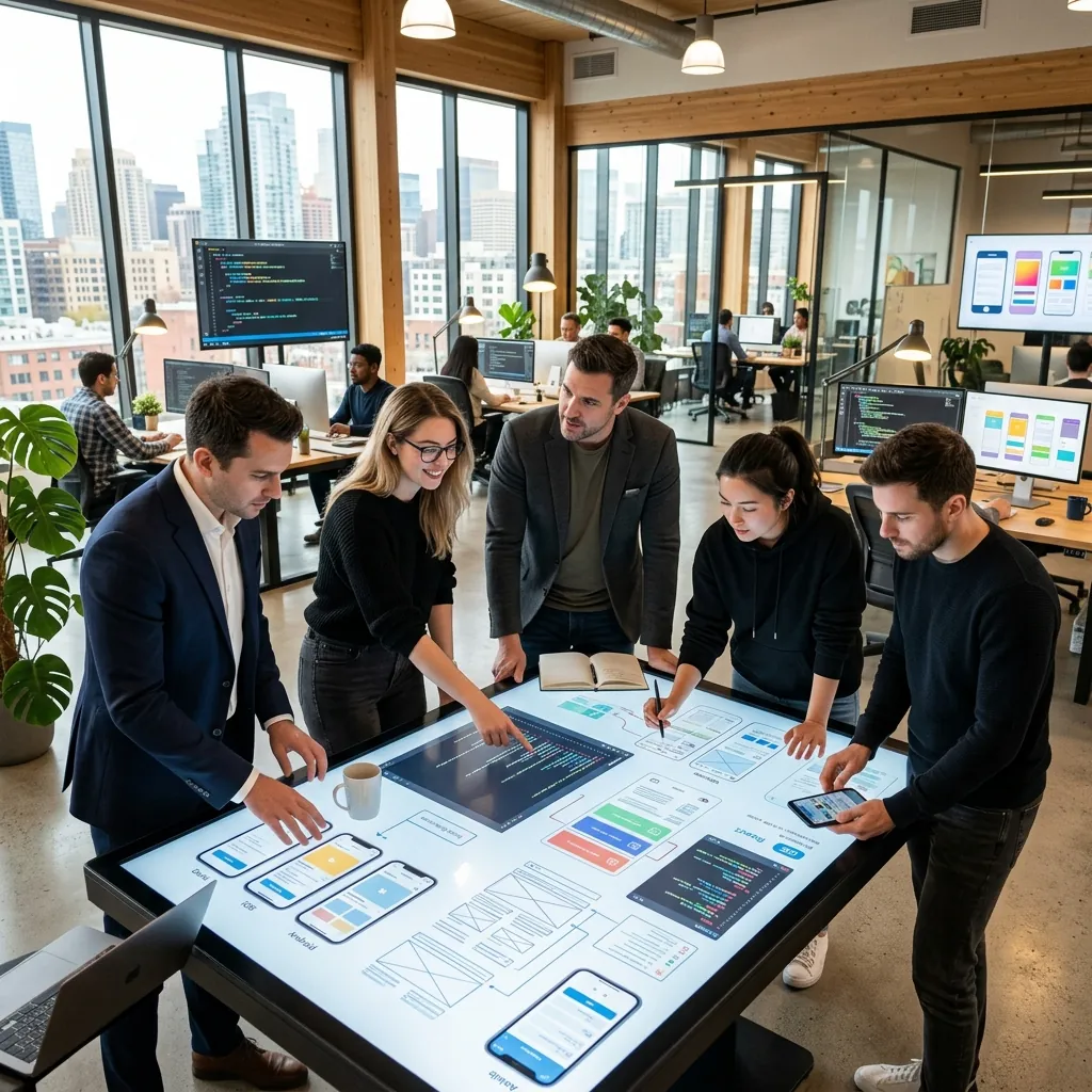 Software team collaborating on web and mobile designs